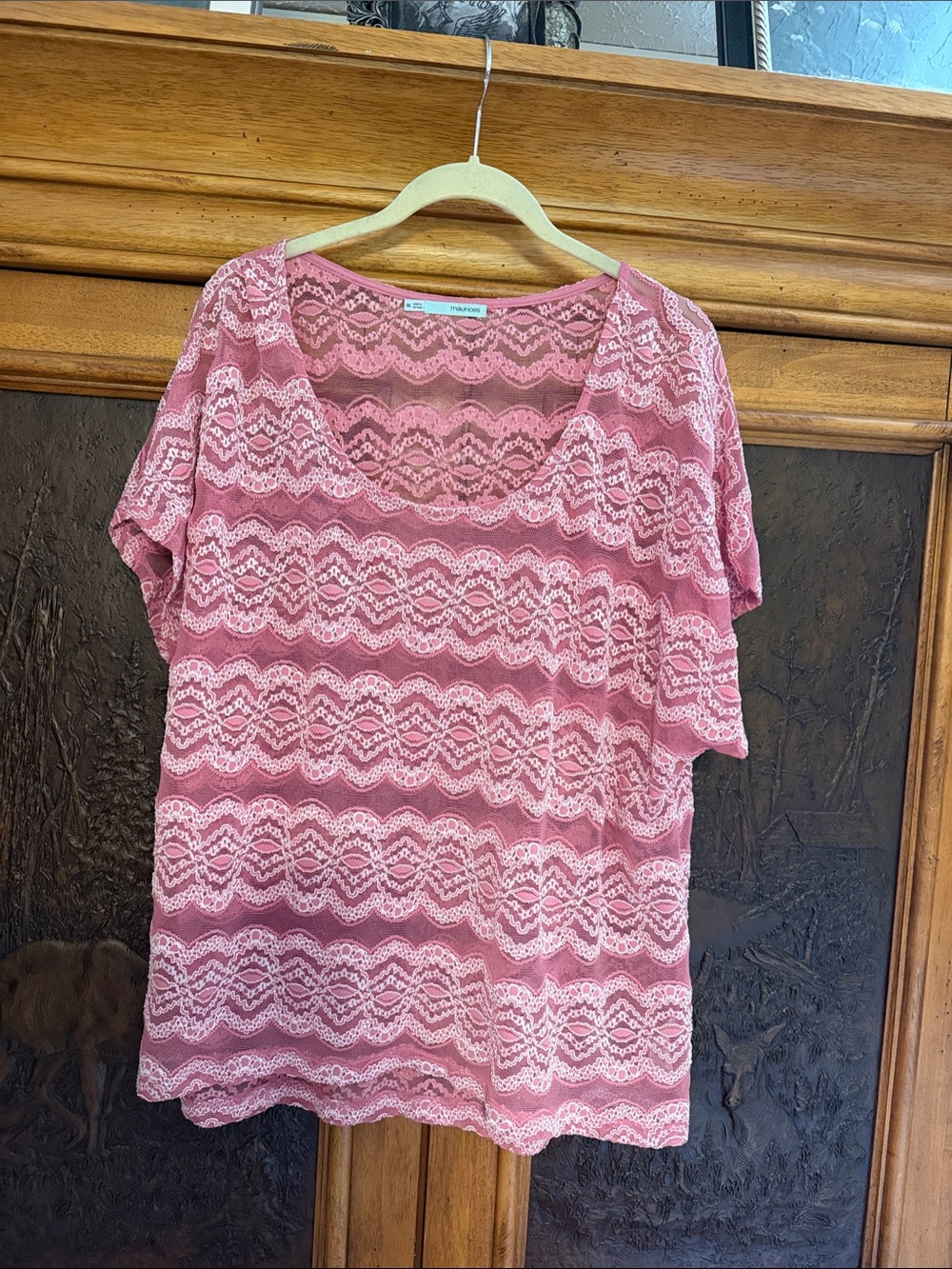Maurices Women XXL Pink Lace Overlay Short Sleeve Top